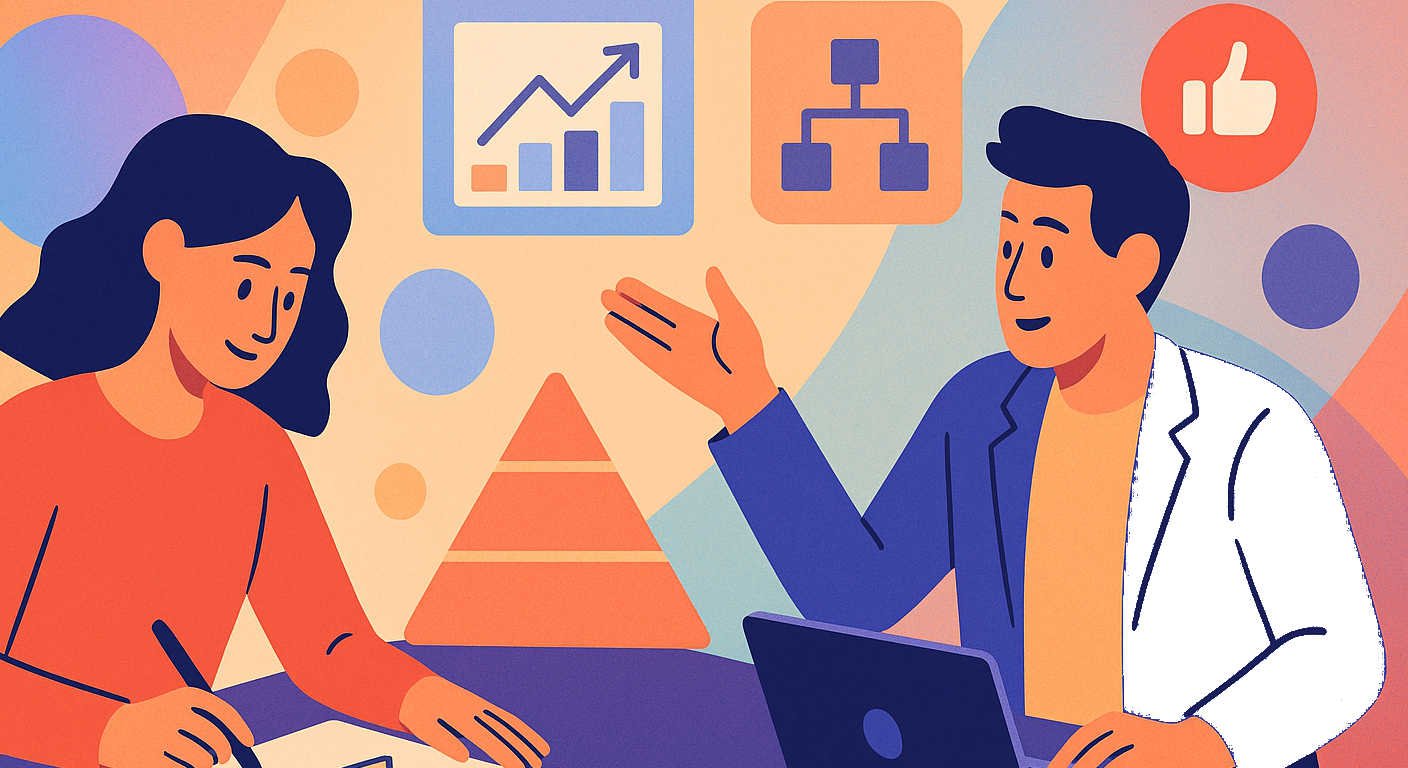 Artistic depiction of a male and female marketing people in the office discussing strategy