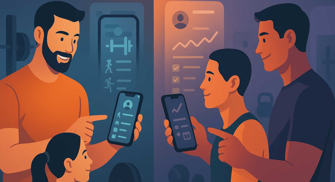 gym scene cartoon style two people holding smart phones looking at their apps and observed by two people: trainerize vs truecoach compared