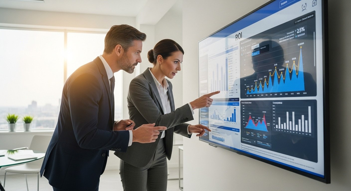 Two work colleagues looking at a wall chart discussing content marketing sales results